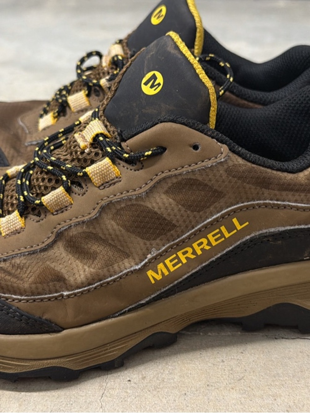 Merrell Brown and Black Low-Cut Trail Shoe with Yellow Accents